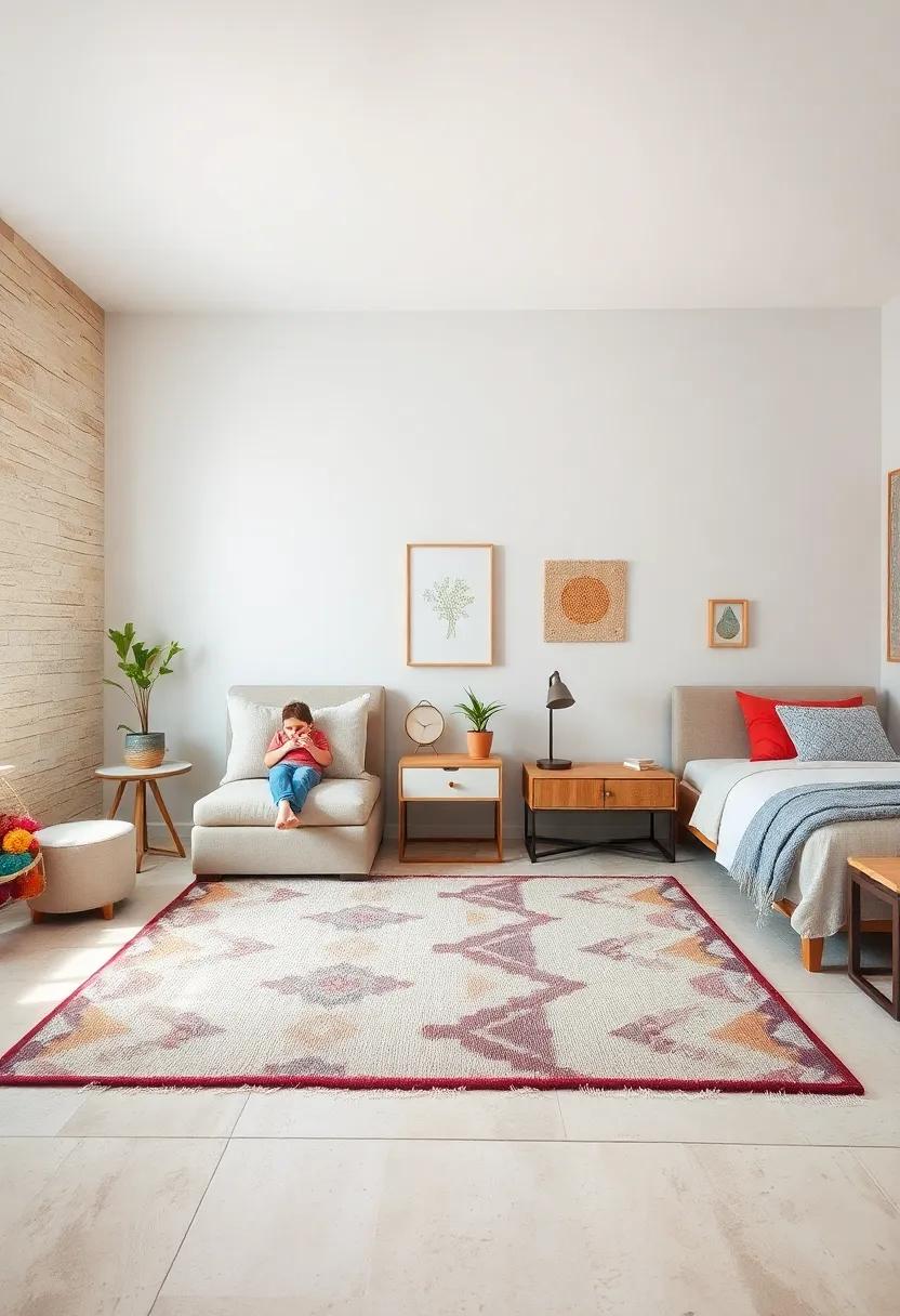 Complementary Rug Patterns and Sizes Seamlessly Defining Each Sibling's Area while Adding Cohesion to the Room