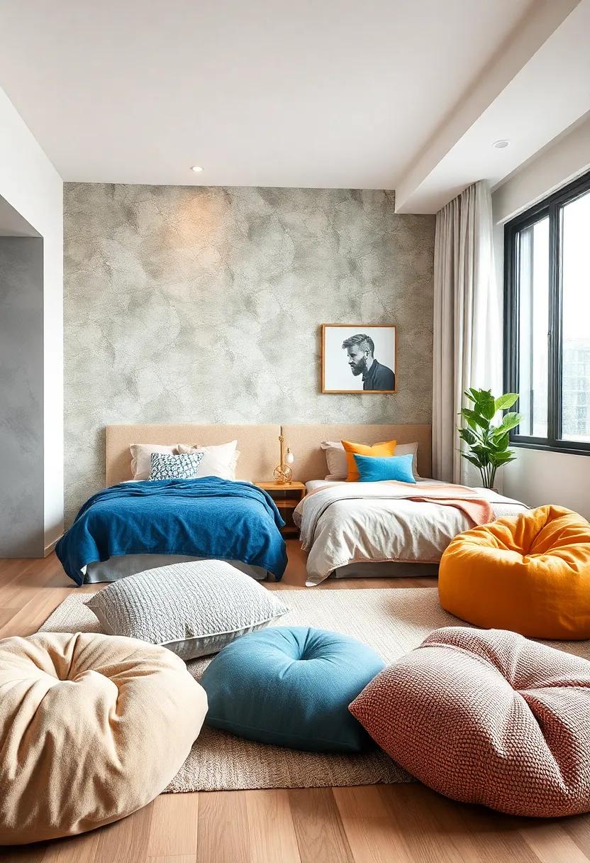 Cozy Floor Pillows and Beanbags in Various Textures and Shades for Flexible Seating Options in Shared Areas