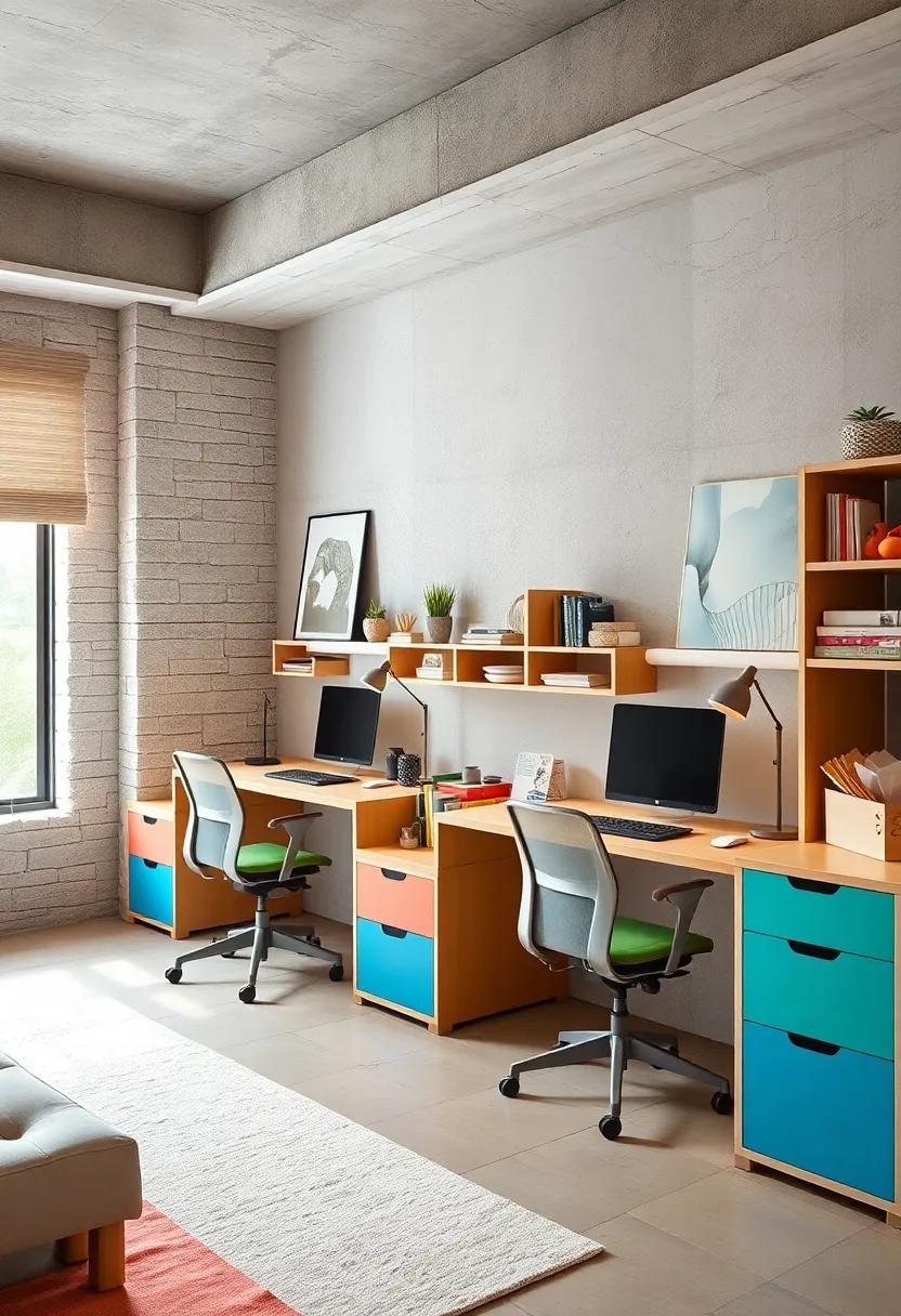 Double Desk Arrangements Featuring Ergonomic Chairs and Color-Coded Storage for Study and Creativity