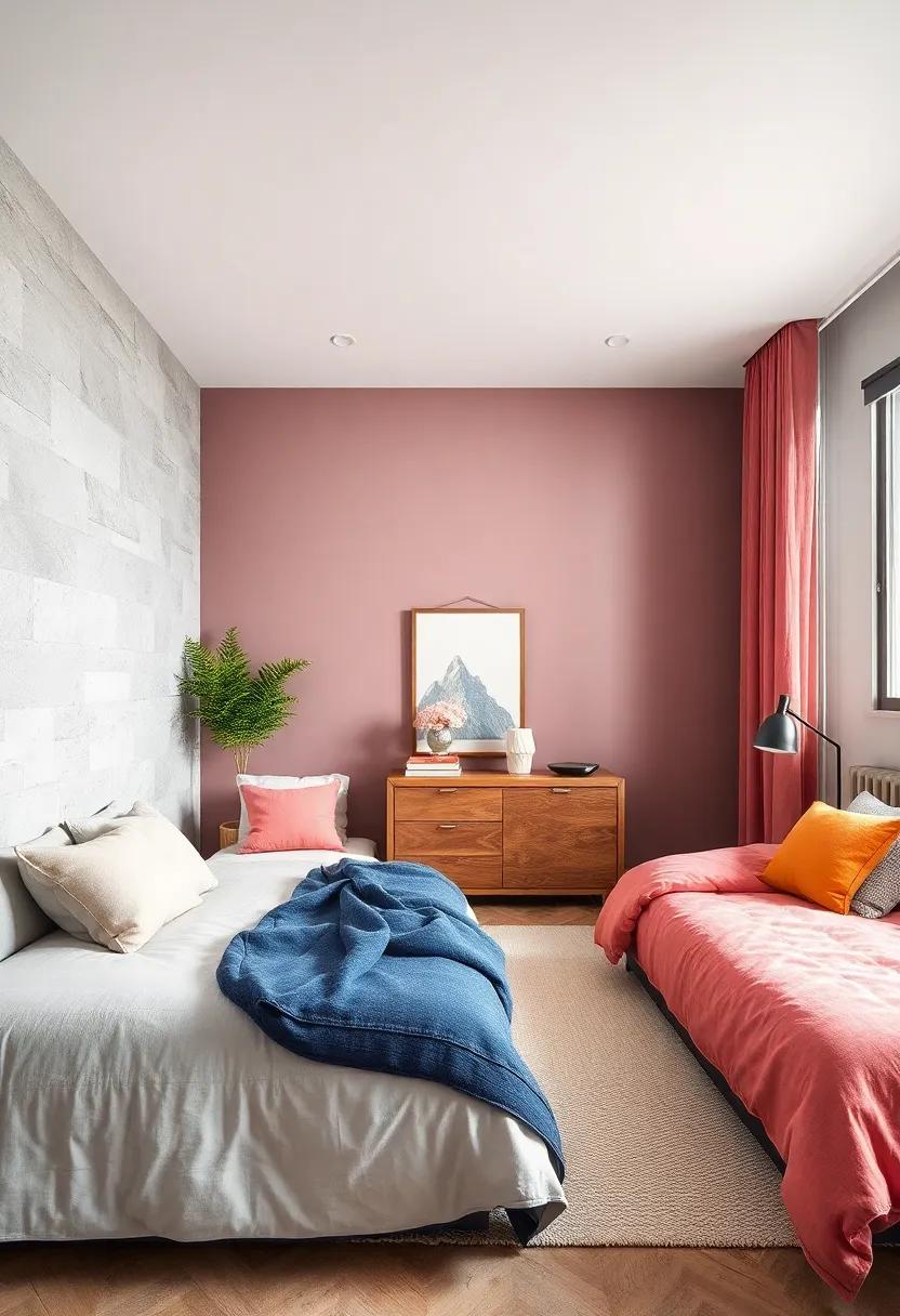 Shared Bedroom Zones Divided by Color and Texture Creating Harmony and Individuality in a Single Space