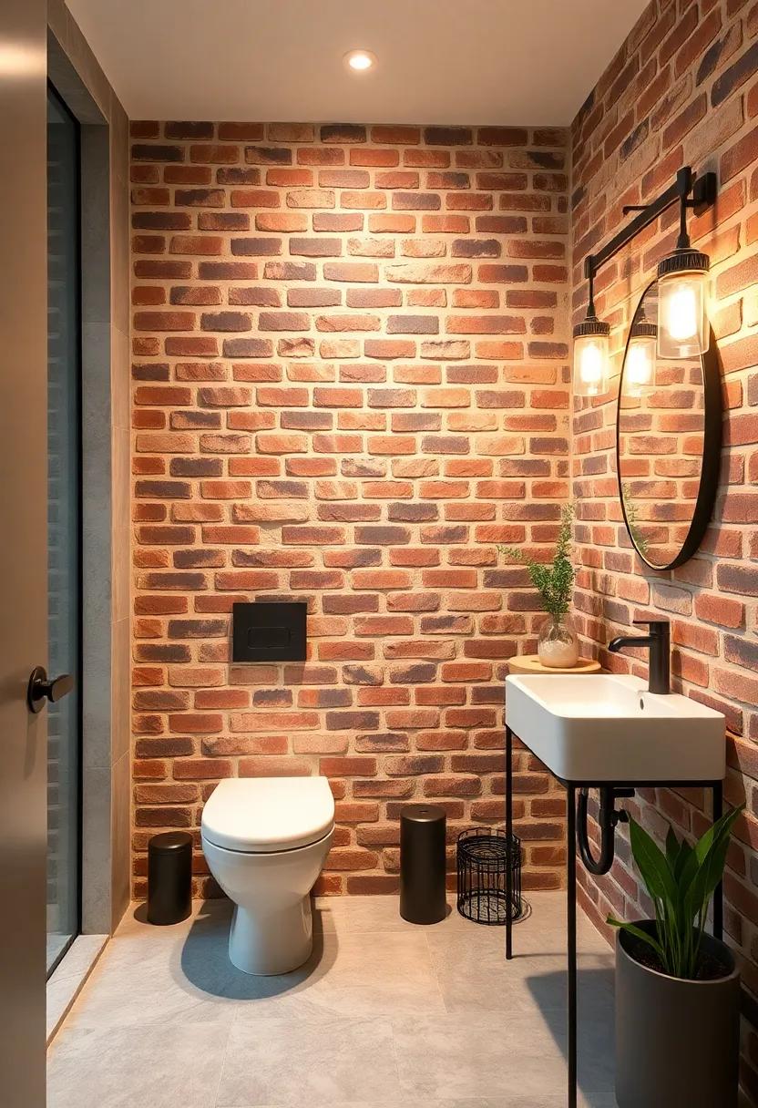 The Warm Texture of Exposed Brick Creating a Cozy Ambiance in a Modern Powder Room
