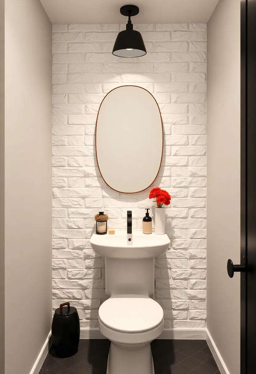 A Sophisticated Monochrome Powder Room with Textured White Brick Veneer and Glossy Black Fixtures