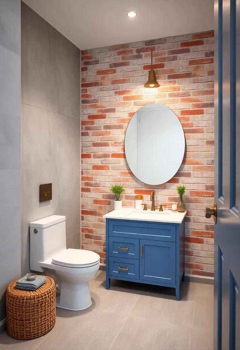 A Clean and Crisp Blue Bathroom Vanity Contrasting with the Richness of a Classic Brick Veneer Wall