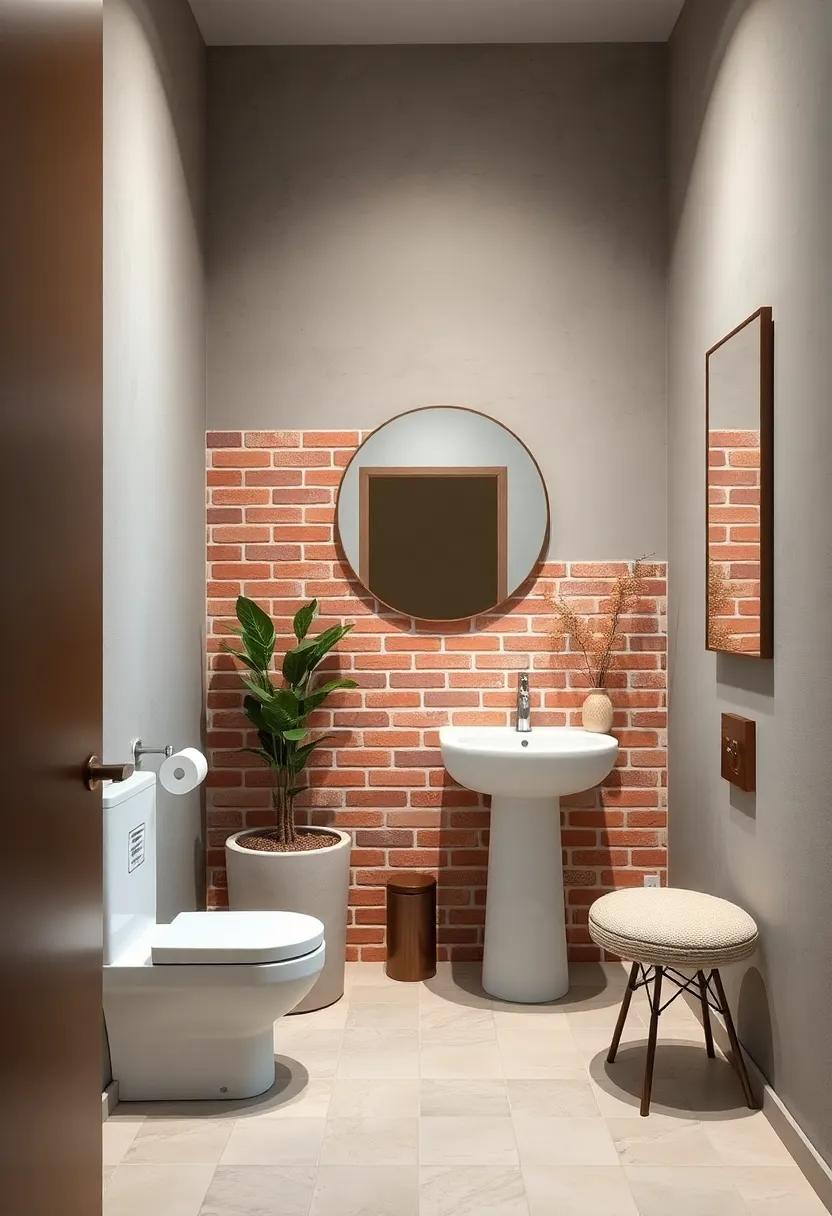 Soft Taupe Walls Harmonizing with Warm Terracotta Brick Veneer for an Inviting Powder Room Atmosphere