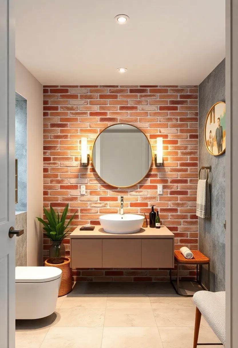 The Dramatic Contrast of Black Grouted Brick Veneer Against Matte White Sink and Brass Accents