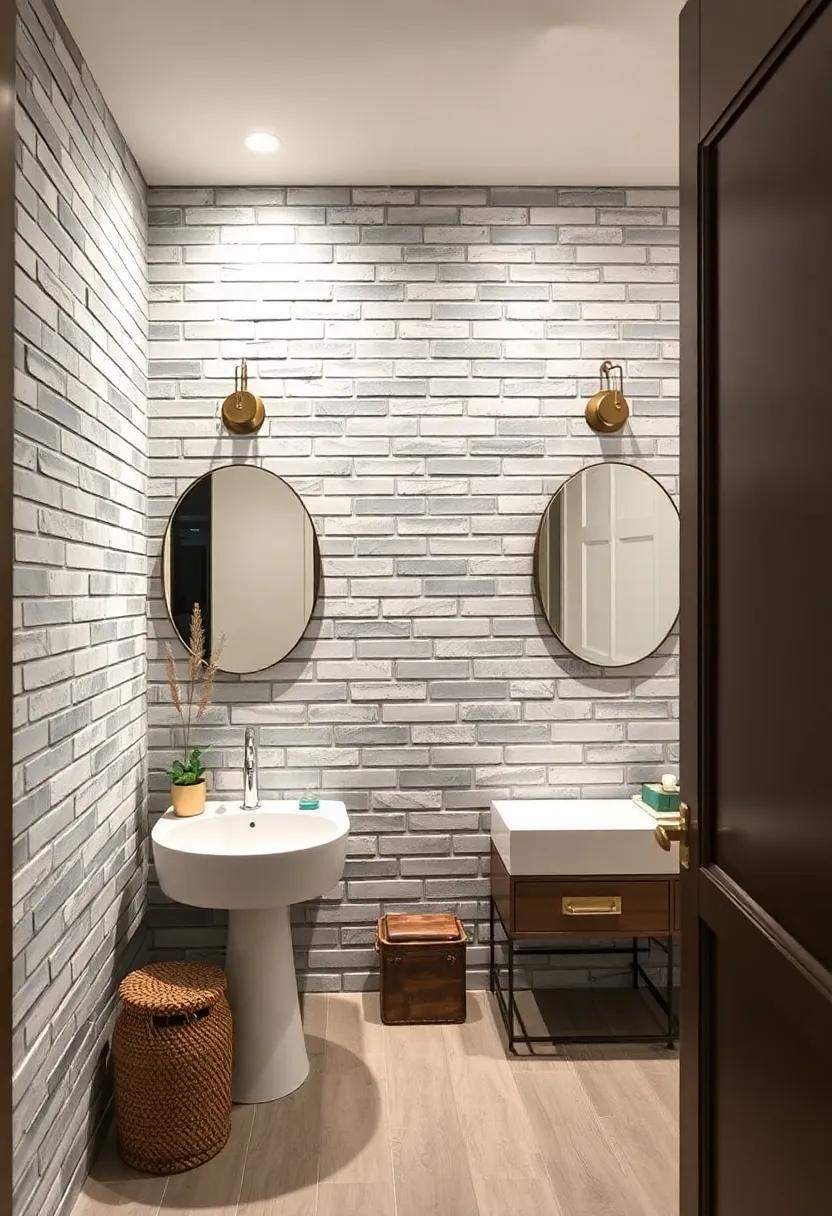 Weathered Gray Brick Veneer Serving as a Subtle Backdrop for Vintage Mirrors and Industrial Lighting