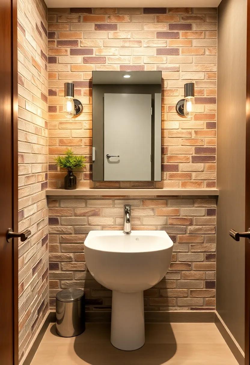 Elegant Chrome Fixtures Reflecting Warm Tones of Textured Brick Veneer in a Transitional Powder Room Space