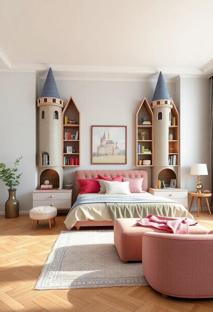 Charming Storybook Bookshelves Shaped Like Castle Turrets Filled with Classic Princess Tales