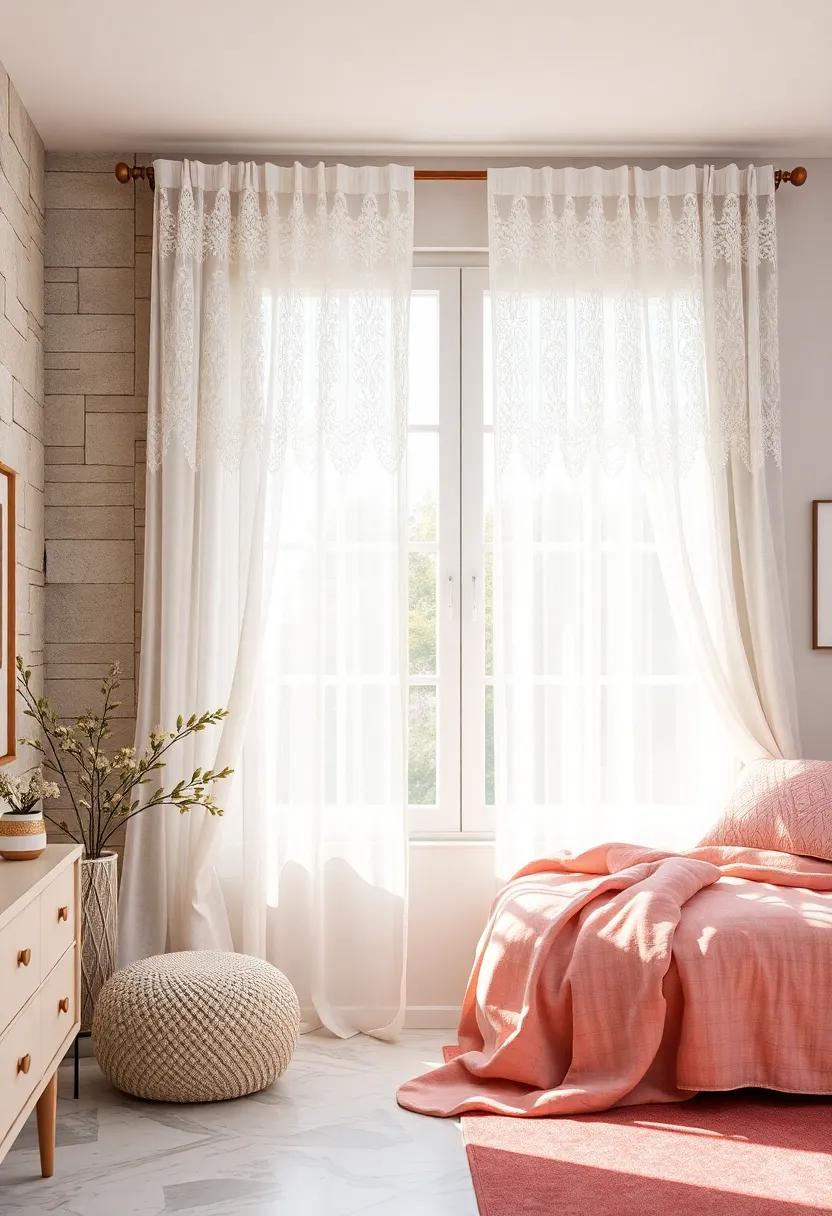 Delicate Lace Curtains Flowing Gracefully, Framing Windows with Romantic Charm