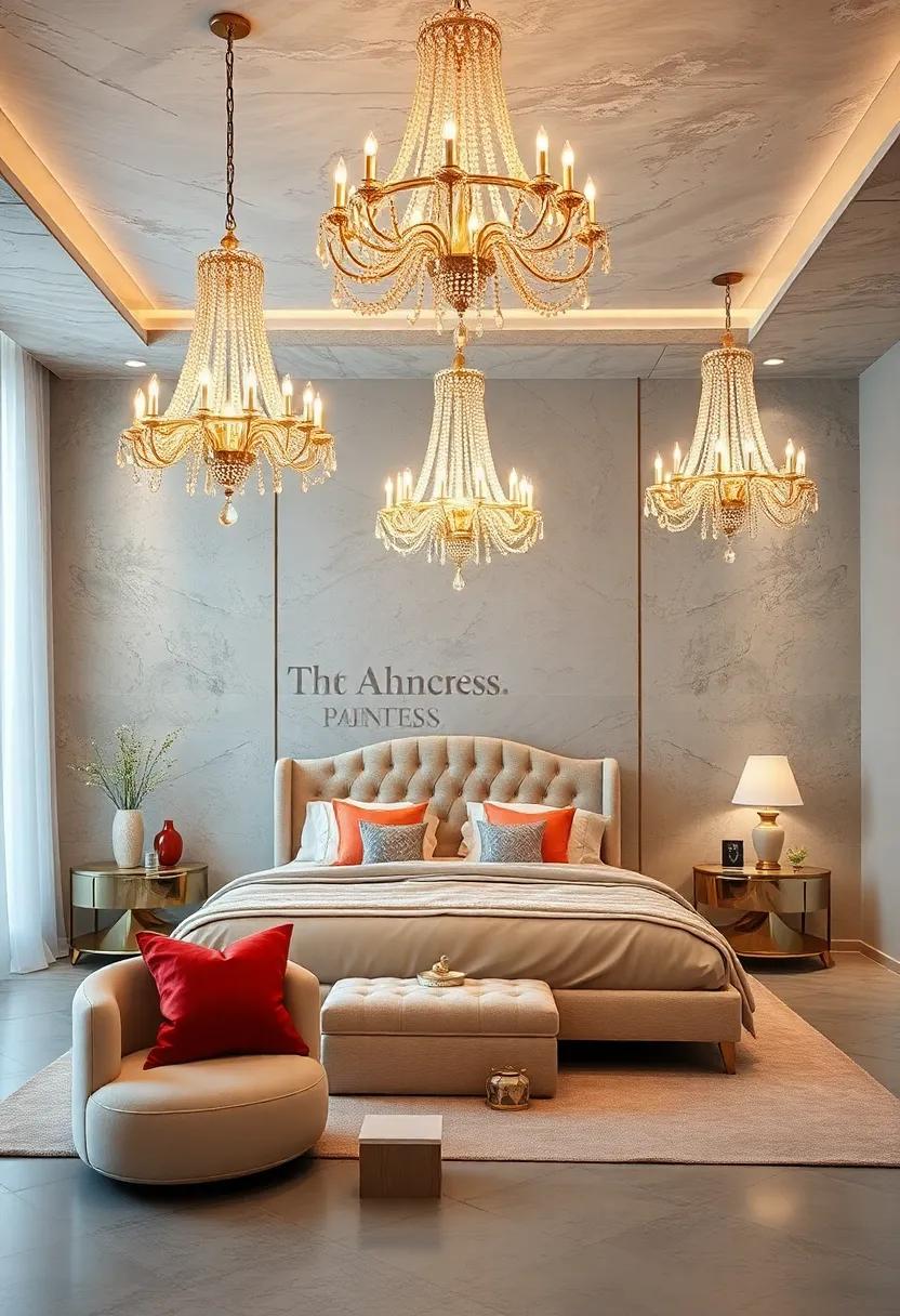 Elegant Chandeliers Adorned with Crystals and Pearls Casting a Gentle Glow Over the Bedroom