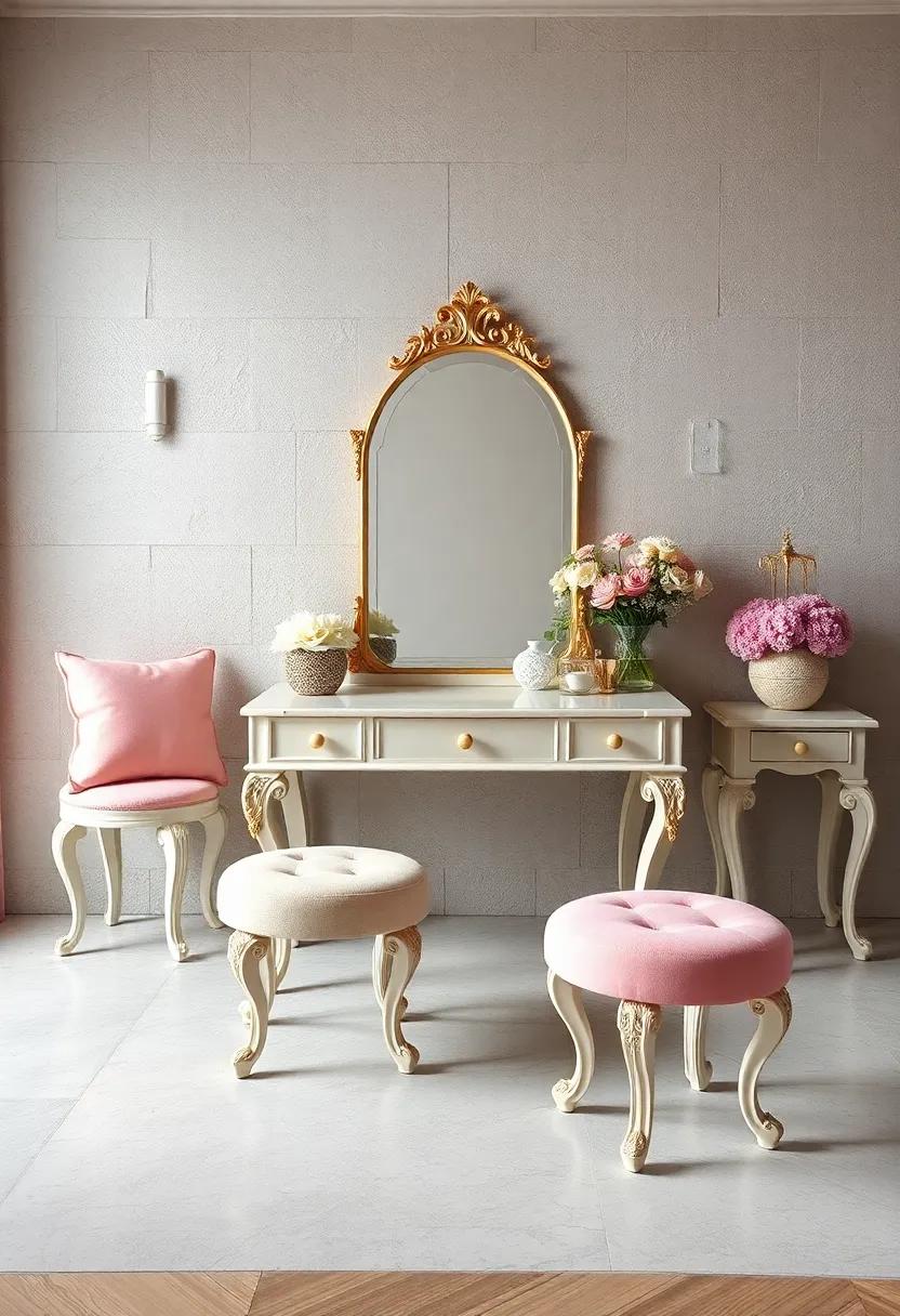 Fairy Tale Inspired Vanity Tables with Ornate Legs and Matching Stools in Pastel Shades