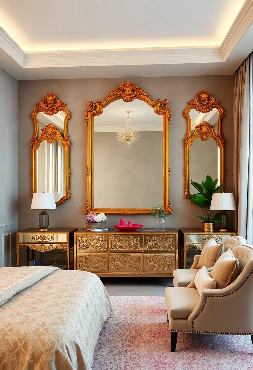 Gilded Mirrors with Baroque Frames Reflecting Soft Lighting to Enlarge and Elevate the Space