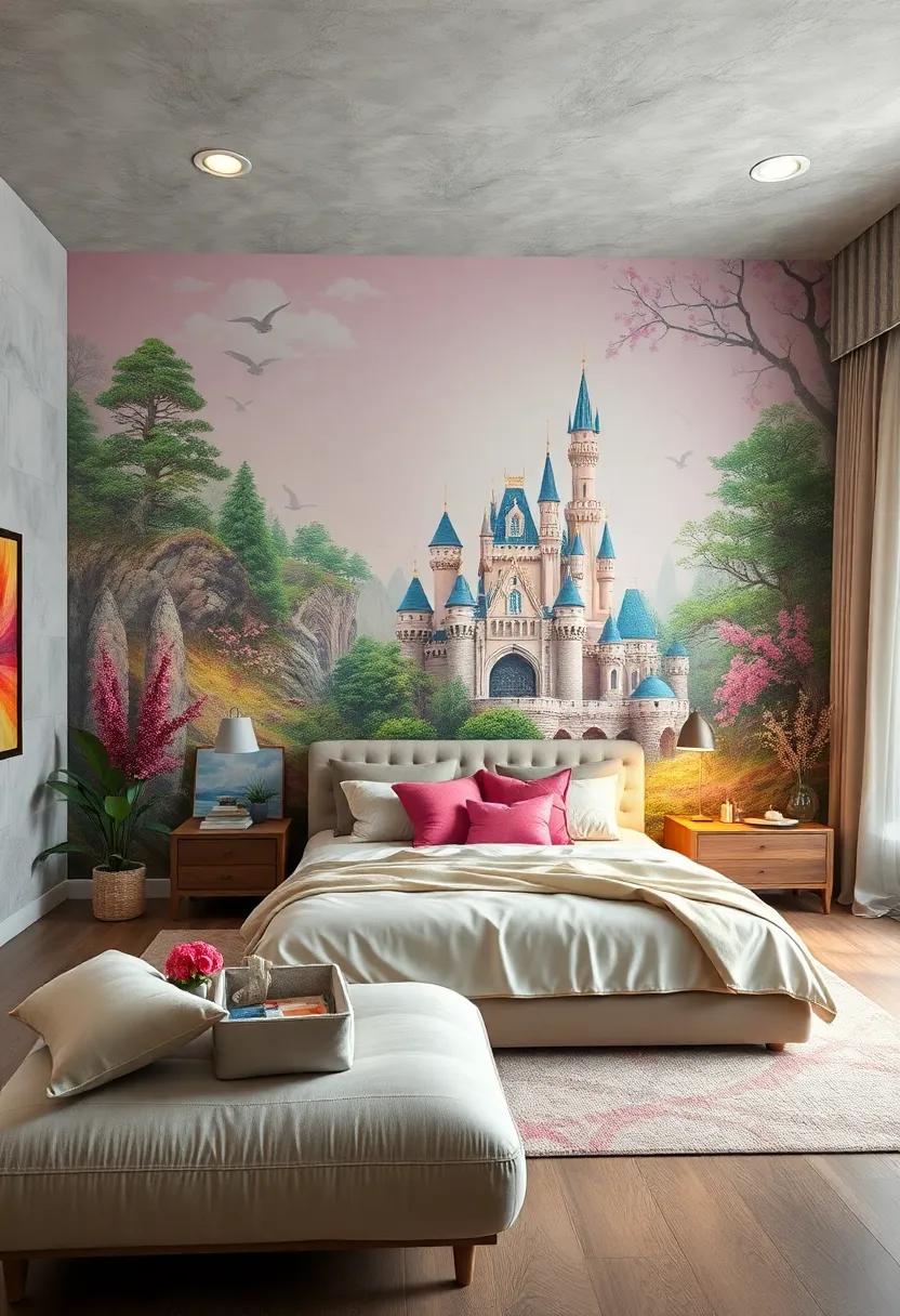 Intricate Wall Murals Depicting Enchanted Forests and Magical Castles in Soft Pastel Tones