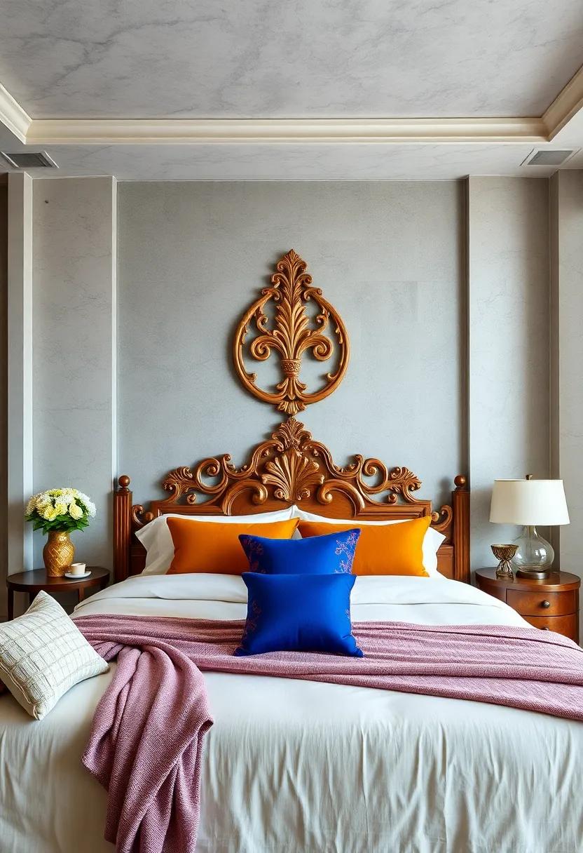 Intricately Carved Wooden Headboards Featuring Fleur-de-Lis and Other Regal Motifs