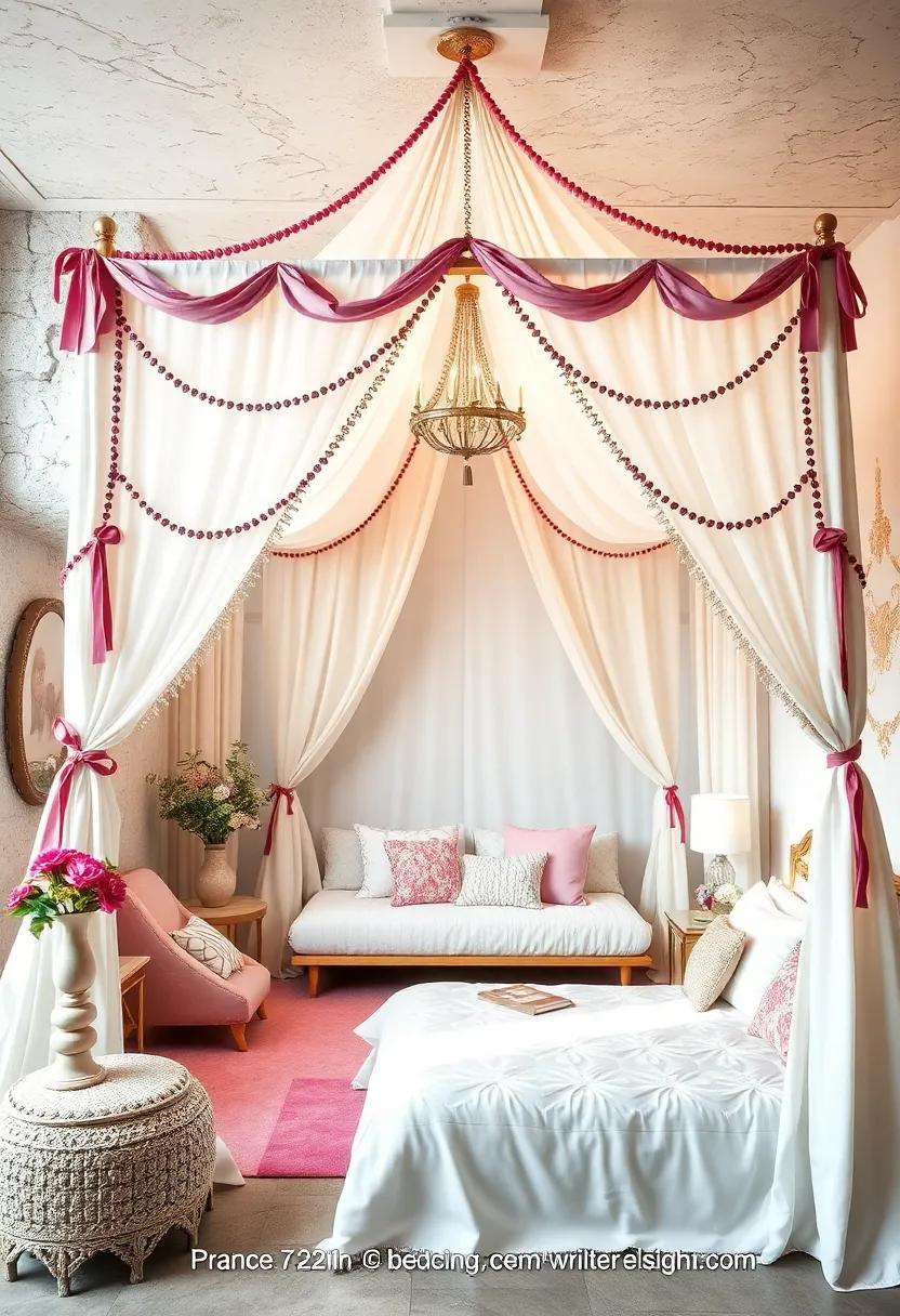 Princess-Themed Canopy Tents with Ribbons, Tassels, and Embroidered Crests for Cozy Nooks