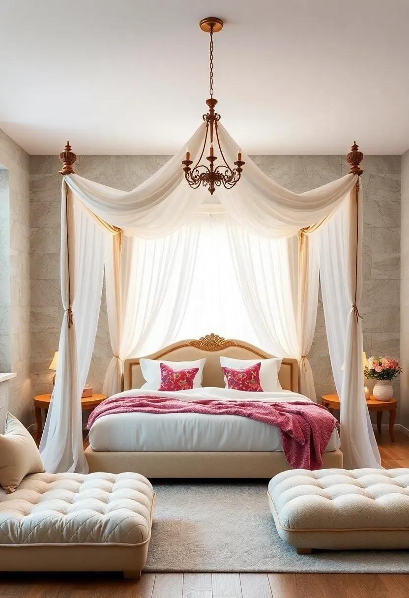 Royal Canopy Beds Draped in Sheer Fabrics and Twinkling Fairy Lights for a Dreamy Princess Ambiance