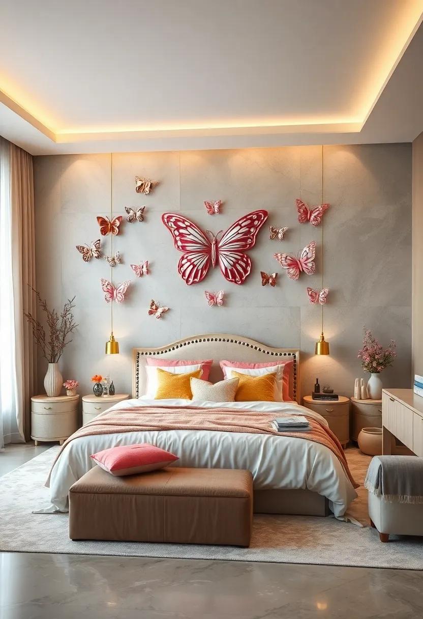 Three-Dimensional Butterfly Wall Art in Metallic Hues Creating a Sense of Movement and Magic