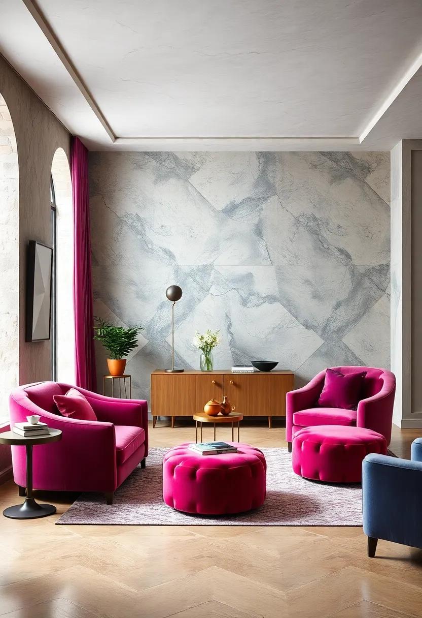 Velvet Upholstered Armchairs and Ottomans in Jewel Tones to Add Luxe Comfort and Style
