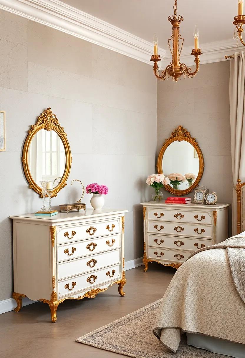 Vintage-Inspired Dressers with Ornate Gold Detailing and Antique Pulls for Regal Storage