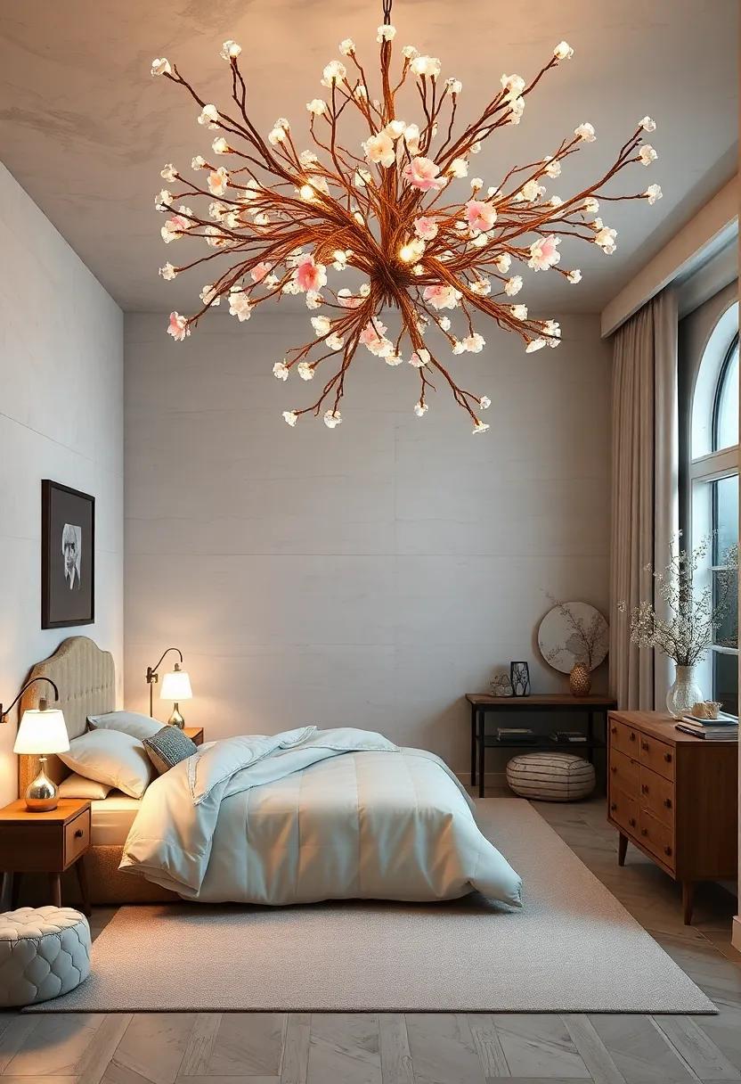 Whimsical Twig Chandeliers Adorned with Faux Blossoms and Twinkling LEDs for Nature Magic