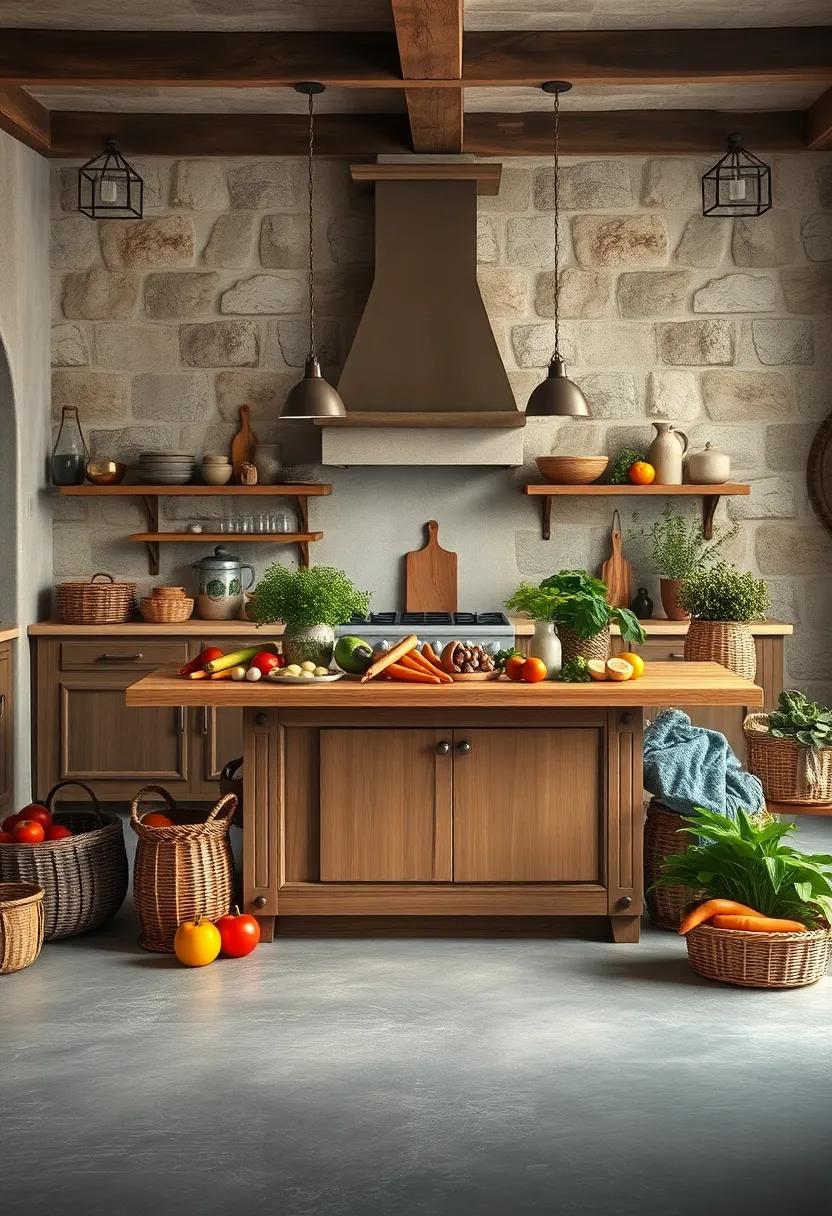 Charming Rustic Kitchen Island Surrounded By Freshly Harvested Vegetables and Baskets