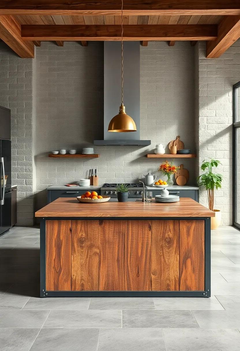 The Contrast of Aged Metal and Rough Wood Textures in a Rustic Kitchen Island Setting