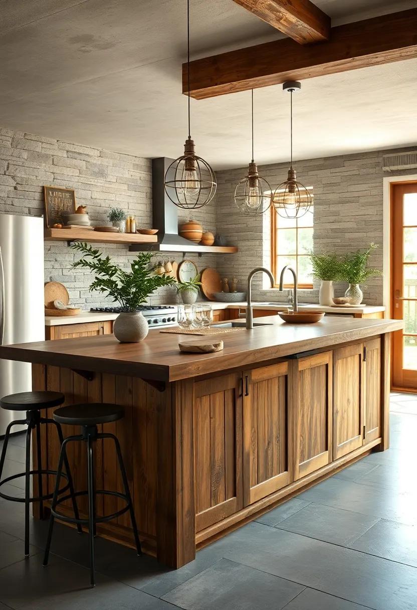 A Cozy Rustic Kitchen Island Featuring Reclaimed Barn Wood And Vintage Metal Accents