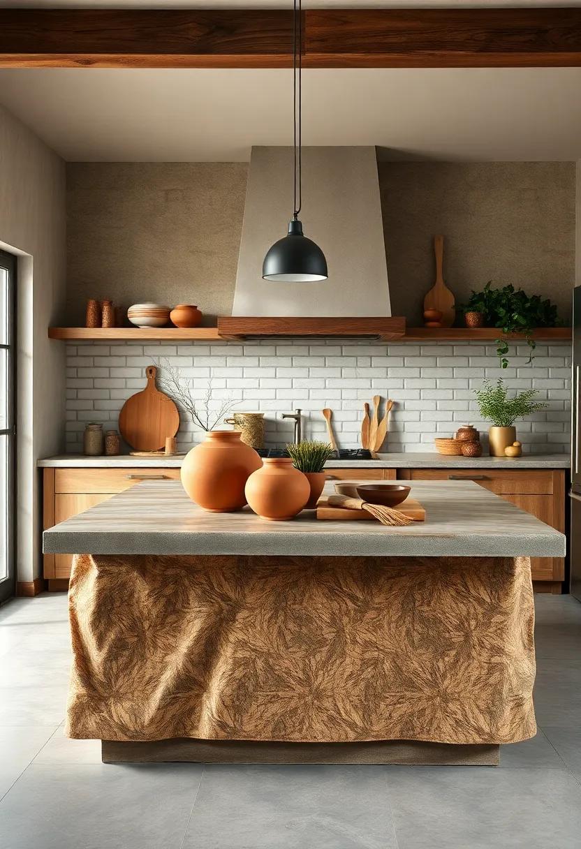 Earthy Clay Pots and Wooden Utensils Arranged Neatly on a Wide Rustic Kitchen Island