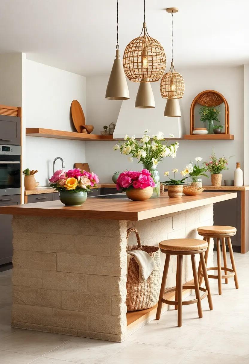 Fresh Flowers and Woven Baskets Accentuating the Homely Feel of a Rustic Kitchen Island
