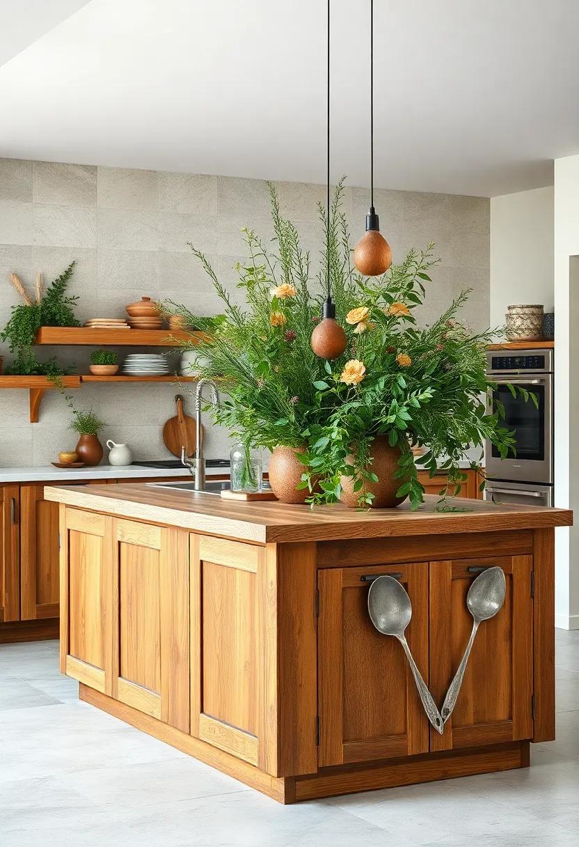 Hardwood Rustic Kitchen Island Intertwined with Wild Greenery and Vintage Kitchen Utensils