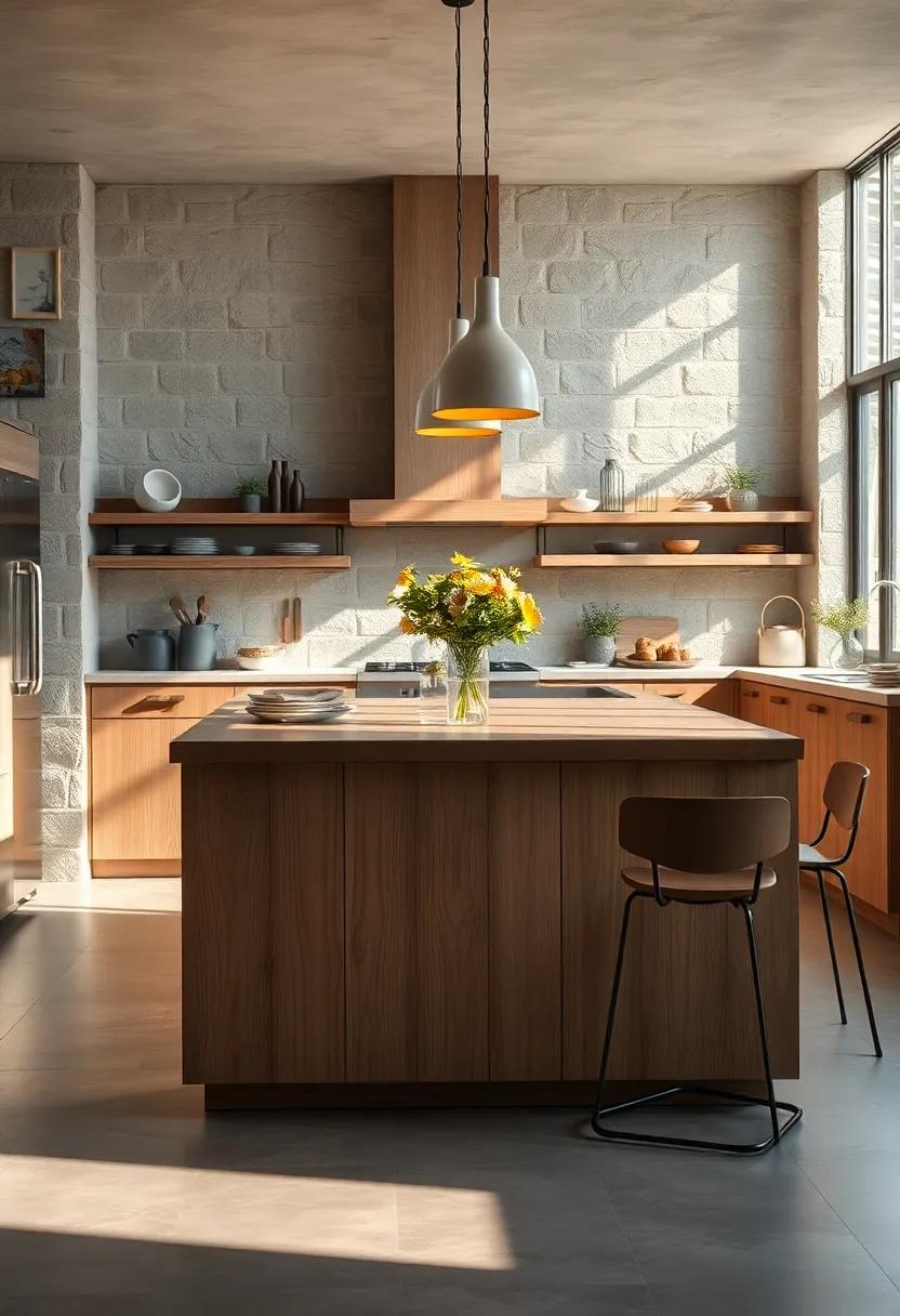 The Inviting Glow of Natural Wood Textures in a Rustic Kitchen Island Bathed in Soft Morning Light