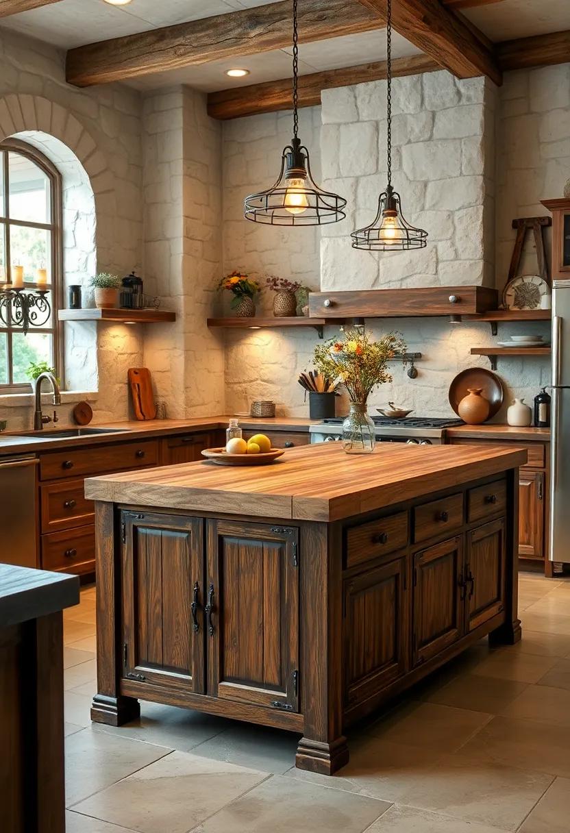 An Old World Rustic Kitchen Island Featuring Iron Hardware and a Butcher Block Work Surface