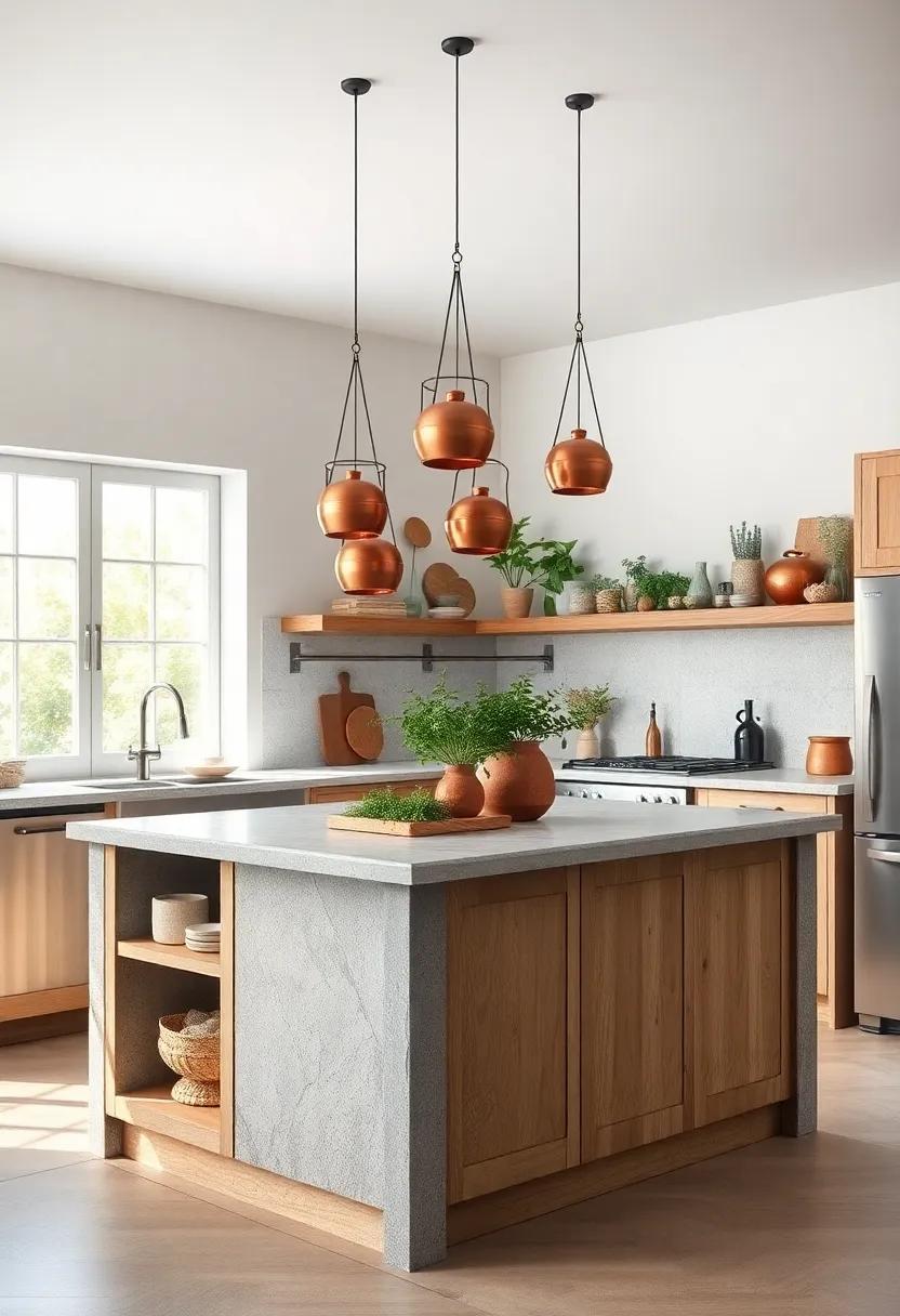 A Rustic Kitchen Island Centerpiece With Hanging Copper Pots and Fresh Herb Bunches Nearby