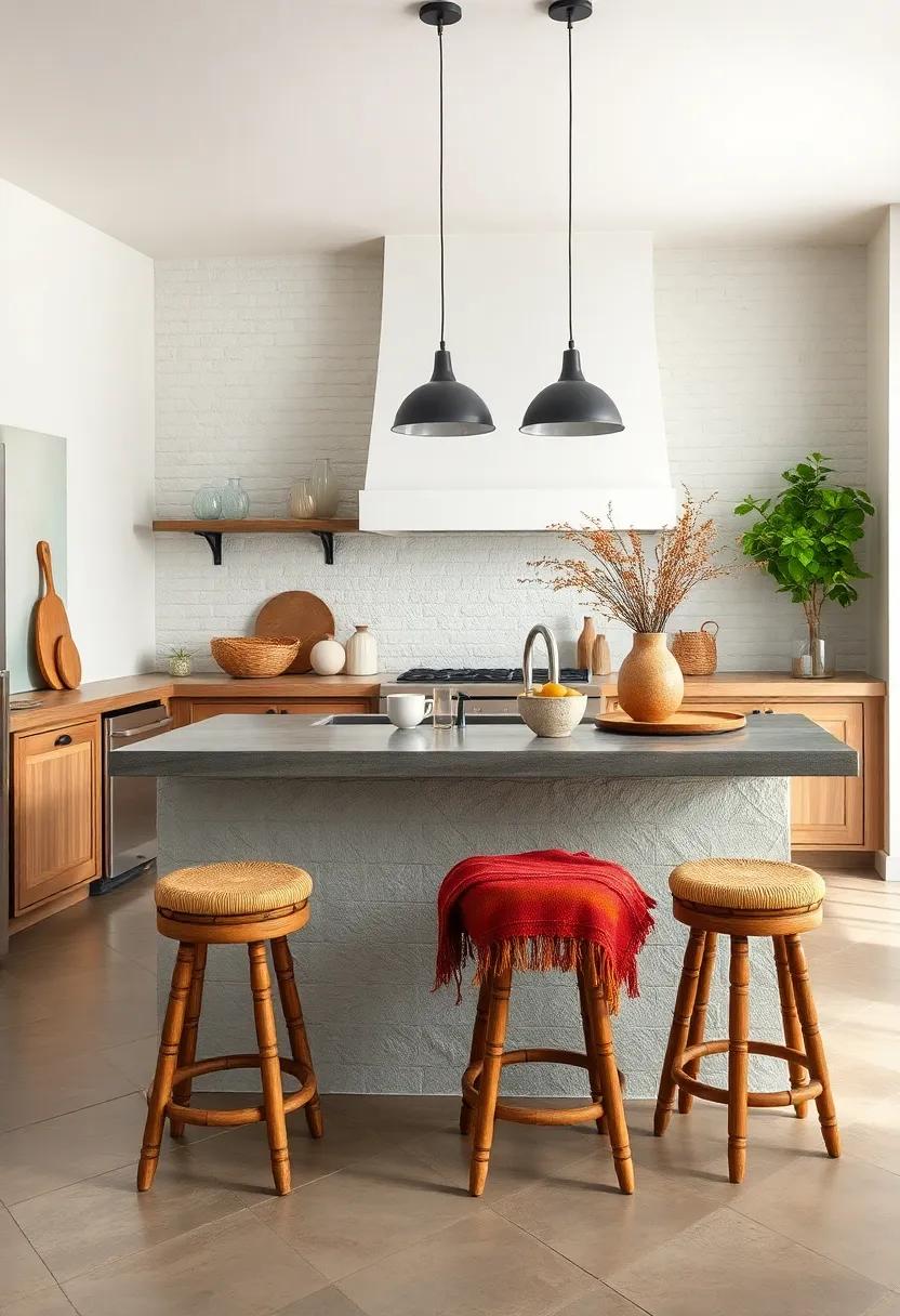 A Rustic Kitchen Island Inviting Gathering Featuring Cozy Stools and Handwoven Textiles