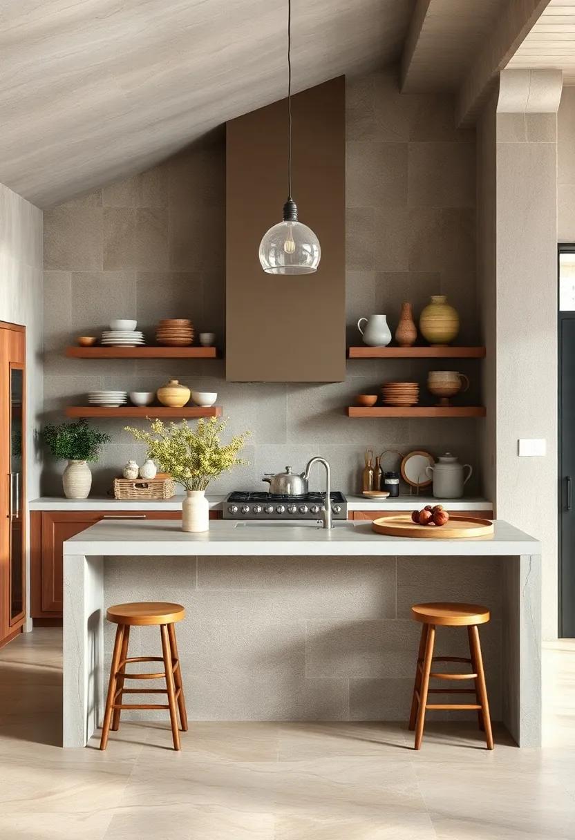 A Rustic Kitchen Island With Open Shelves Displaying Handcrafted Ceramics and Earthenware Bowls
