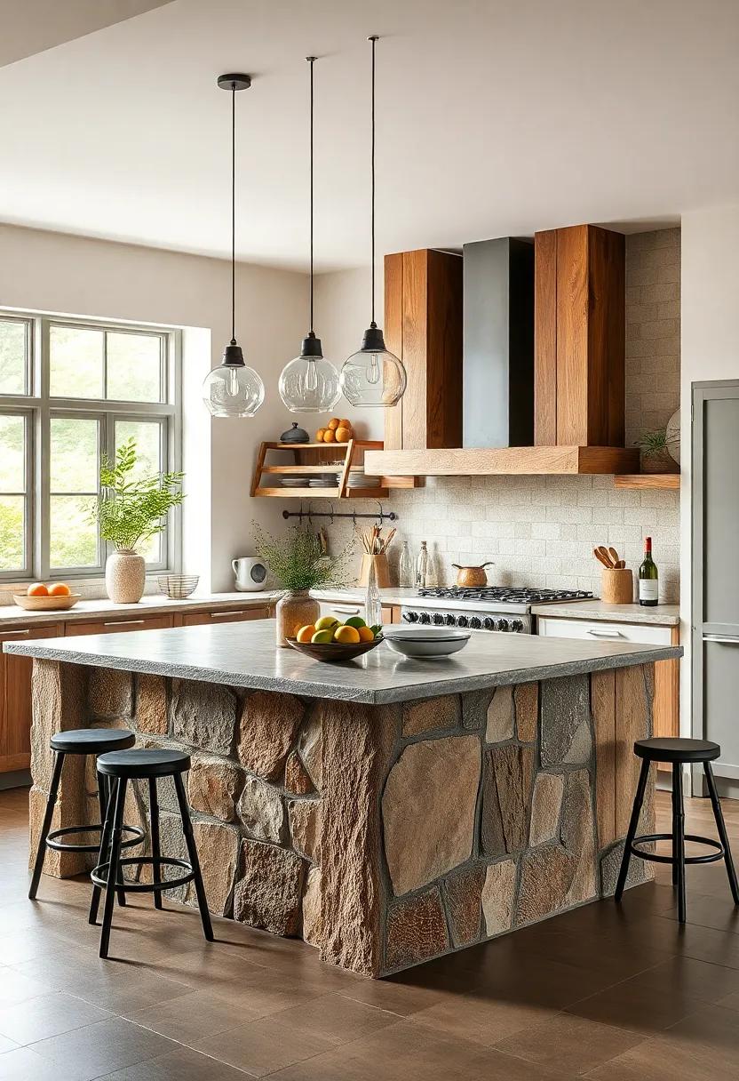 Rustic Kitchen Island With A Patchwork of Materials Inspired by Countryside Heritage
