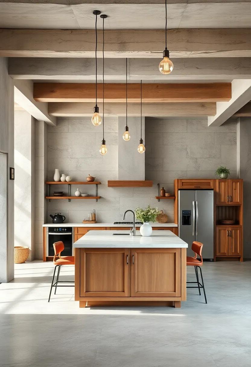 A Rustic Kitchen Island Underneath Exposed Beams With Hanging Edison Bulb Fixtures