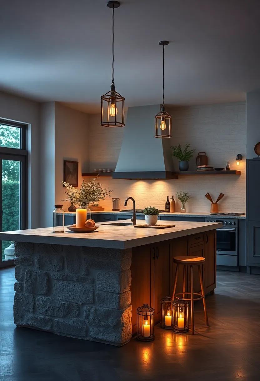 A Serene Rustic Kitchen Island Bathed In Soft Twilight With Flickering Lanterns and Warm Glow