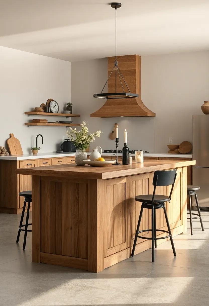 Soft Candlelight Casting Shadows Over a Rustic Kitchen Island Made From Vintage Pinewood