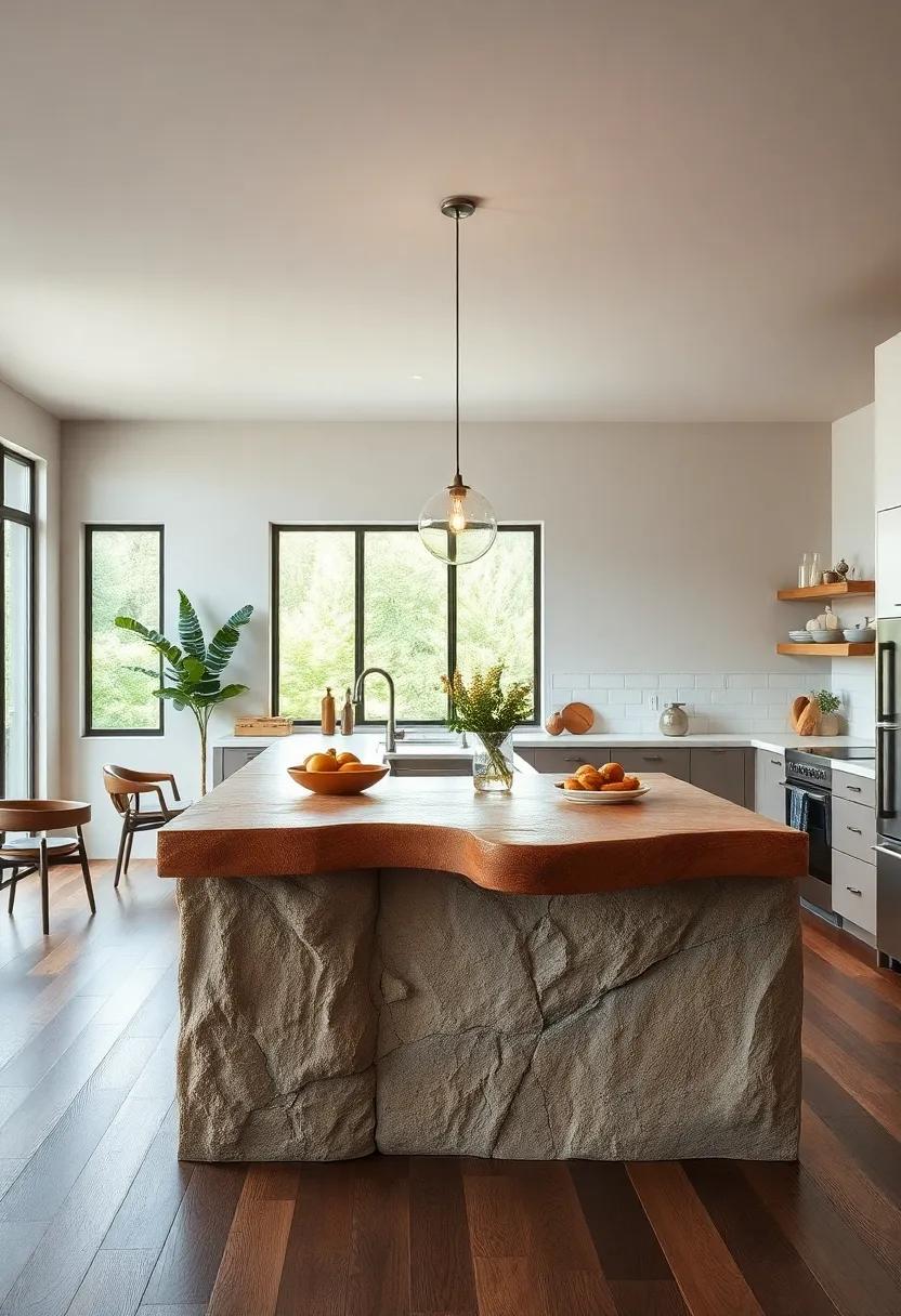 A Spacious Rustic Kitchen Island Adorned With Hand-Carved Details and Warm Earthy Tones