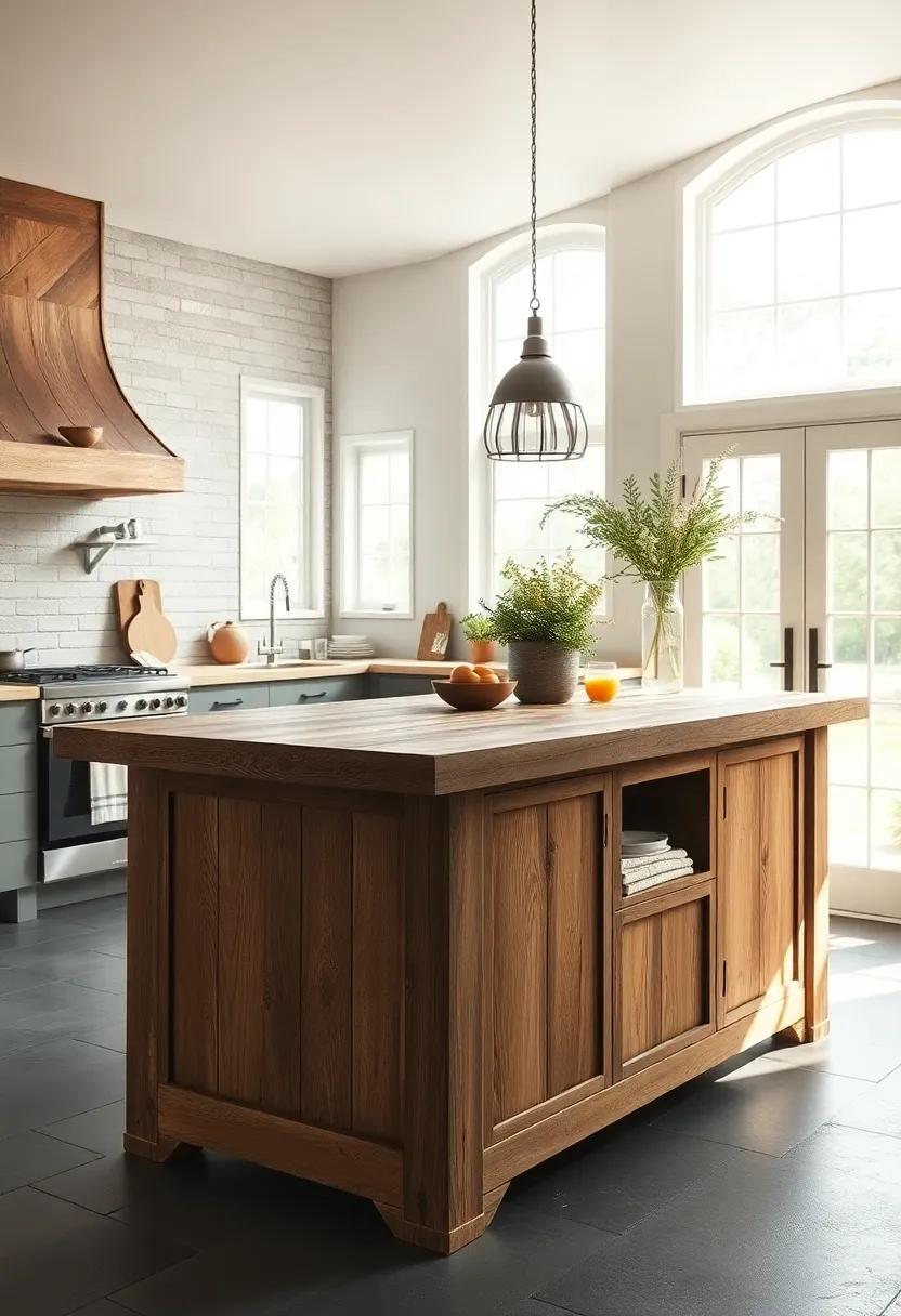 Sunlight Filtering Through Farmhouse Windows Illuminating a Handmade Rustic Kitchen Island