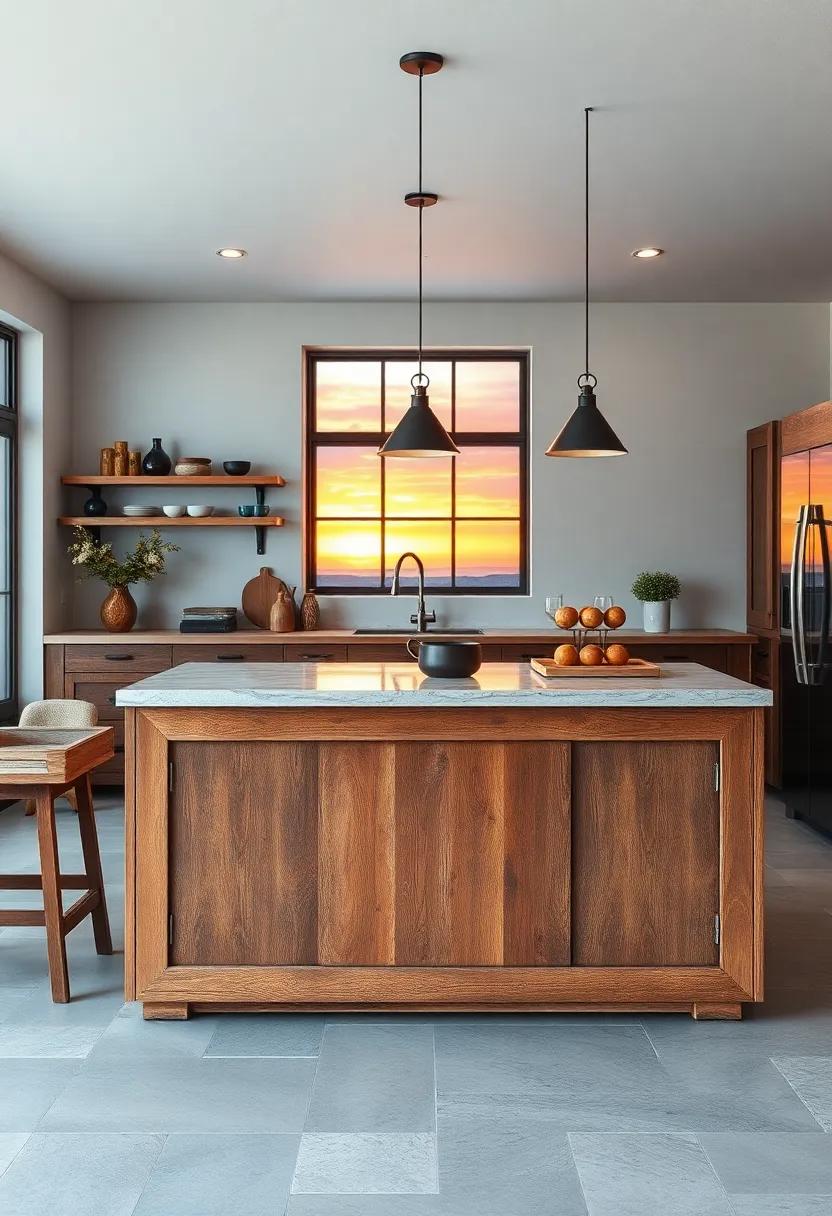 Sunset Colors Reflected On A Distressed Wooden Kitchen Island With Natural Stone Countertop