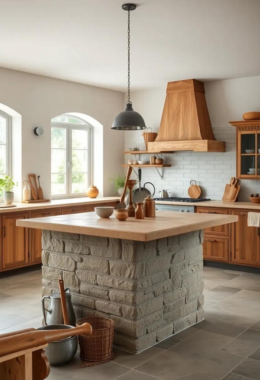 Warmth Radiating From A Stone-Topped Rustic Kitchen Island Surrounded By Antique Kitchen Tools