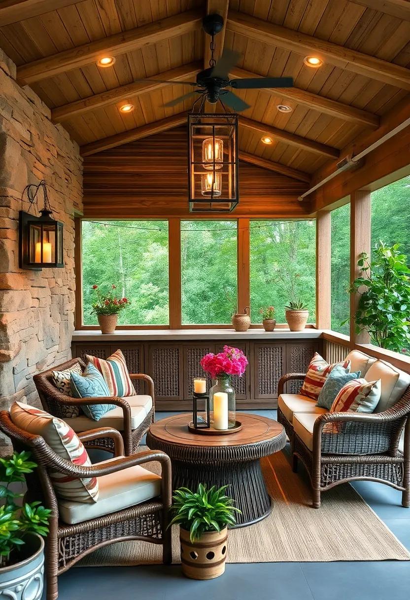 Charming Rustic Wood and Wicker Screened Porch Bar with Cozy Lantern Lighting and Natural Decor Elements