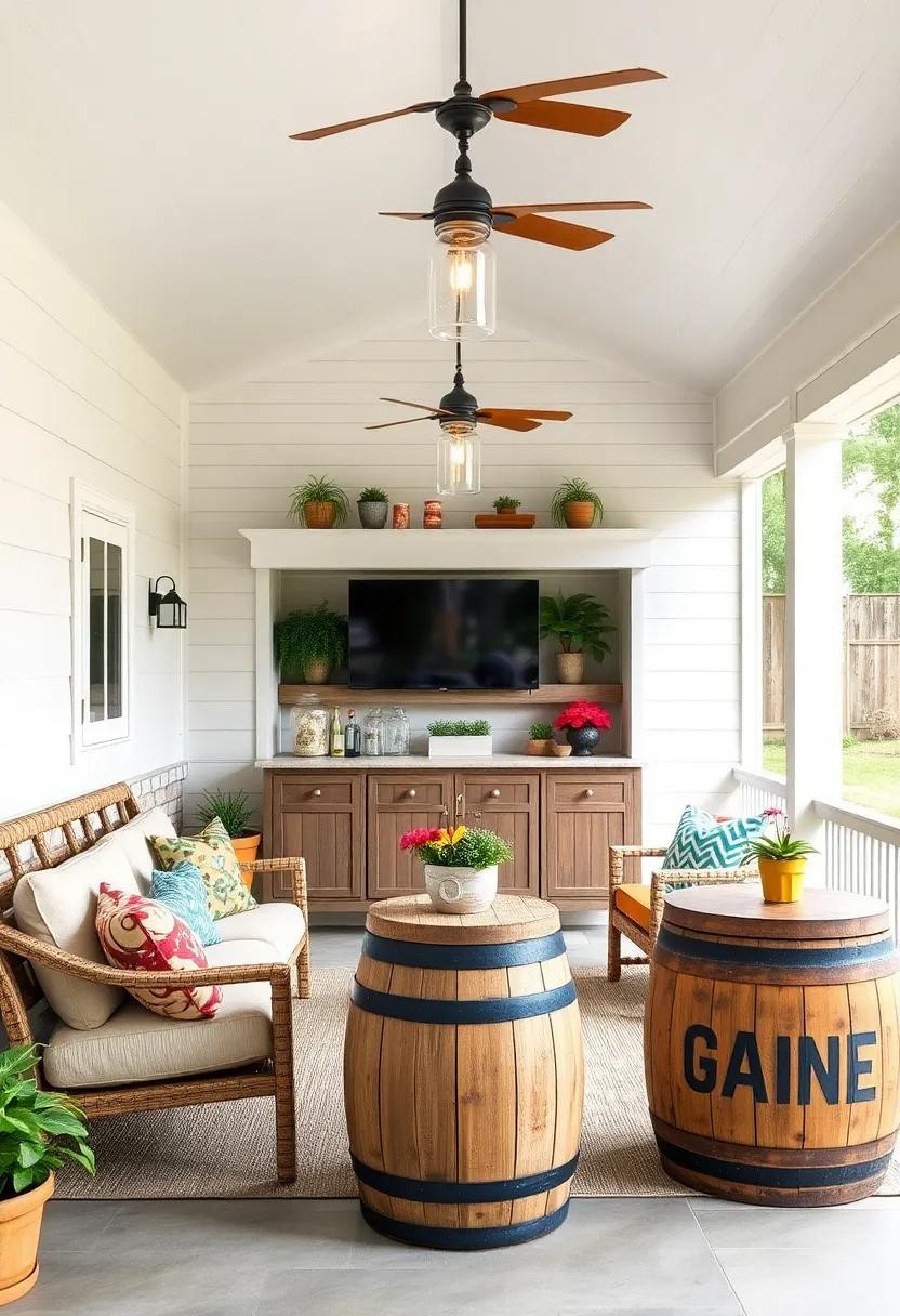 Elegant Farmhouse Style Screened Porch Bar with Shiplap Walls, Mason Jar Pendant Lights, and Barrels Repurposed as Tables