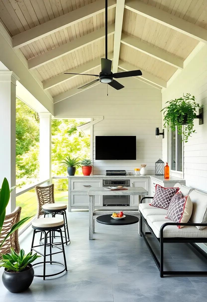Sleek Modern Screened Porch Bar Featuring Minimalist Metal Stools and Matte Black Fixtures in Soft White Surroundings