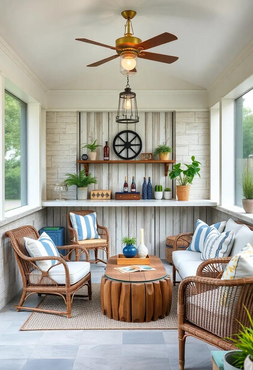 Vintage Coastal Screened Porch Bar Decorated with Nautical Accents, Rope Details, and Weathered Wood Surfaces