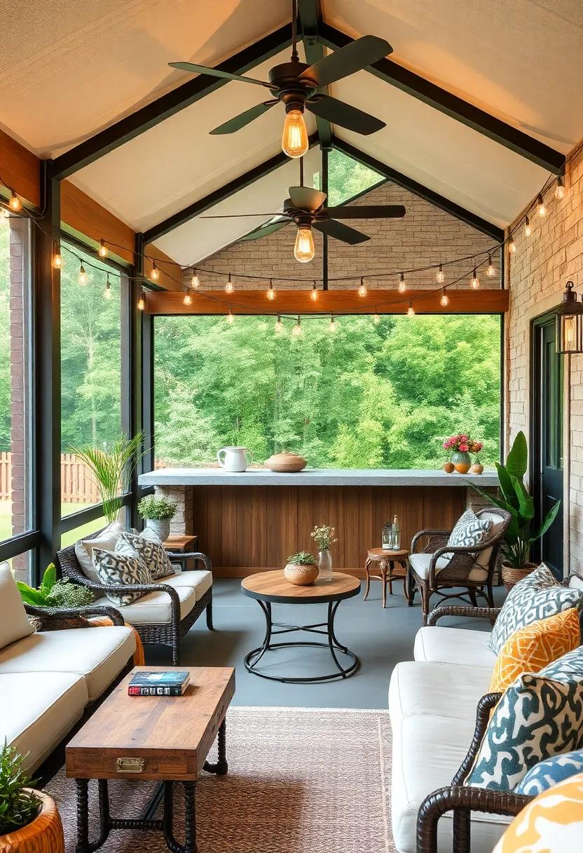 Industrial Chic Screened Porch Bar Incorporating Reclaimed Steel and Raw Wood with Edison Bulb Strand Lights