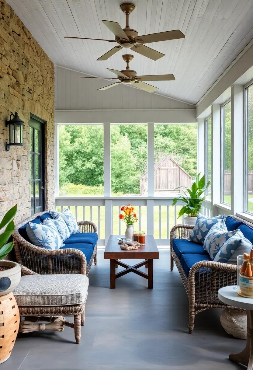 Chic Nautical Screened Porch Bar with Navy Blue Cushions, Driftwood Accents, and Whitewashed Wooden Surfaces