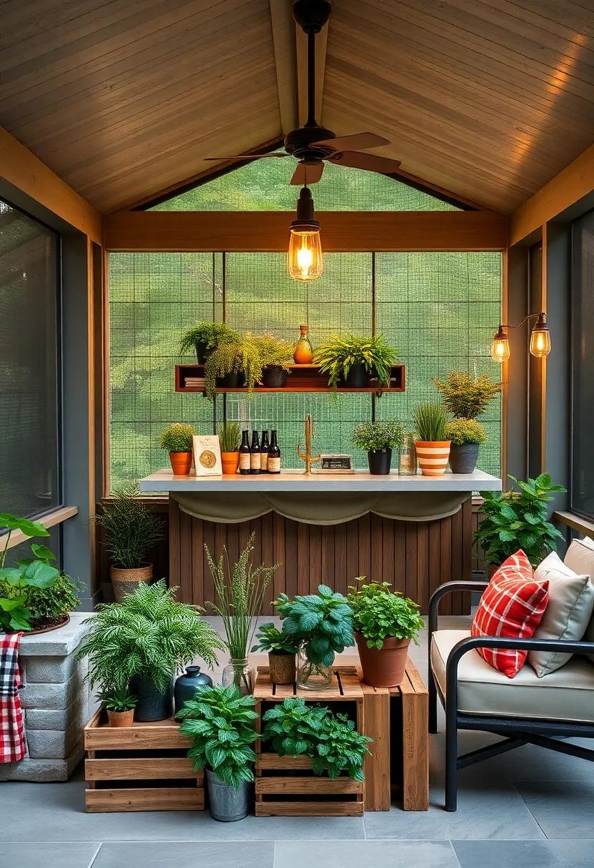 Classic Tropical Screened Porch Bar Showcasing Bamboo Details, Rattan Chairs, and Lush Greenery for a Relaxed Vibe